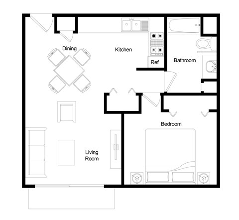 A floor plan of a house with a dining area, kitchen, bathroom, bedroom, and living room.